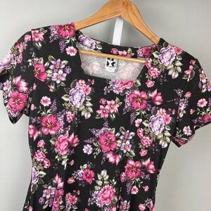 Vintage 80s 90s Zanoni Jalate Dress M Black Pink Floral‎ Retro Fairy Whimsy Goth